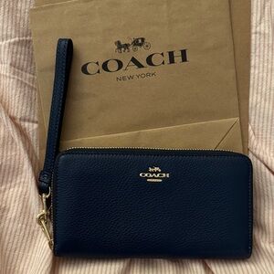 Coach Dark Blue Wristlet with Gold Accents